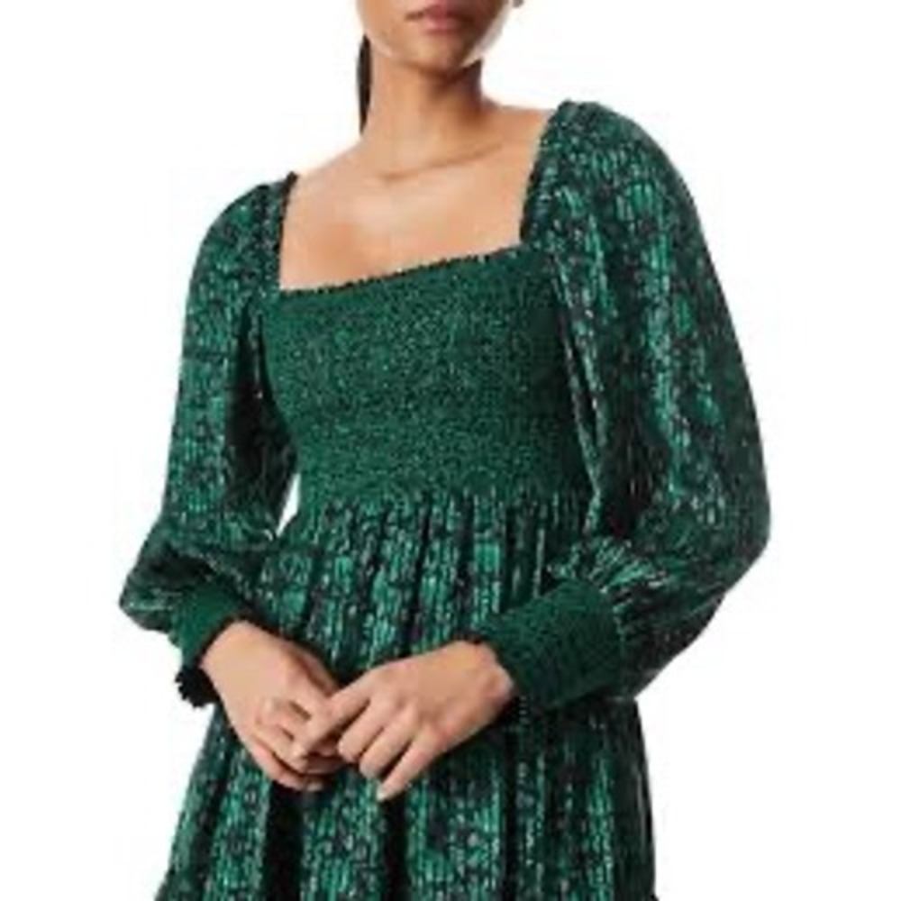 Alice + Olivia Rowen Green Printed Satin Smocked Tiered Mini Dress Size S